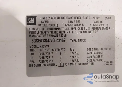 2007 Chevrolet Silverado 1500 Lt1 from USA, damaged, VIN 3GCEK13M77G543162